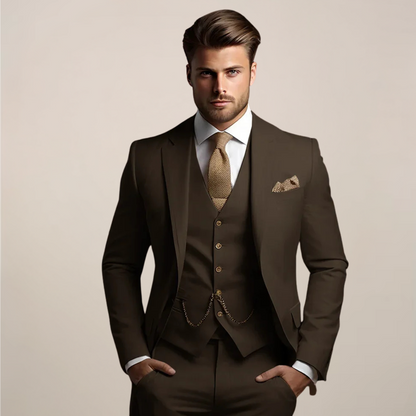 Men's three piece suit with notch lapel jacket, buttoned waistcoat and matching trousers