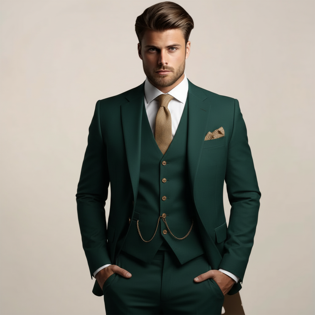Men's three piece suit with notch lapel jacket, buttoned waistcoat and matching trousers