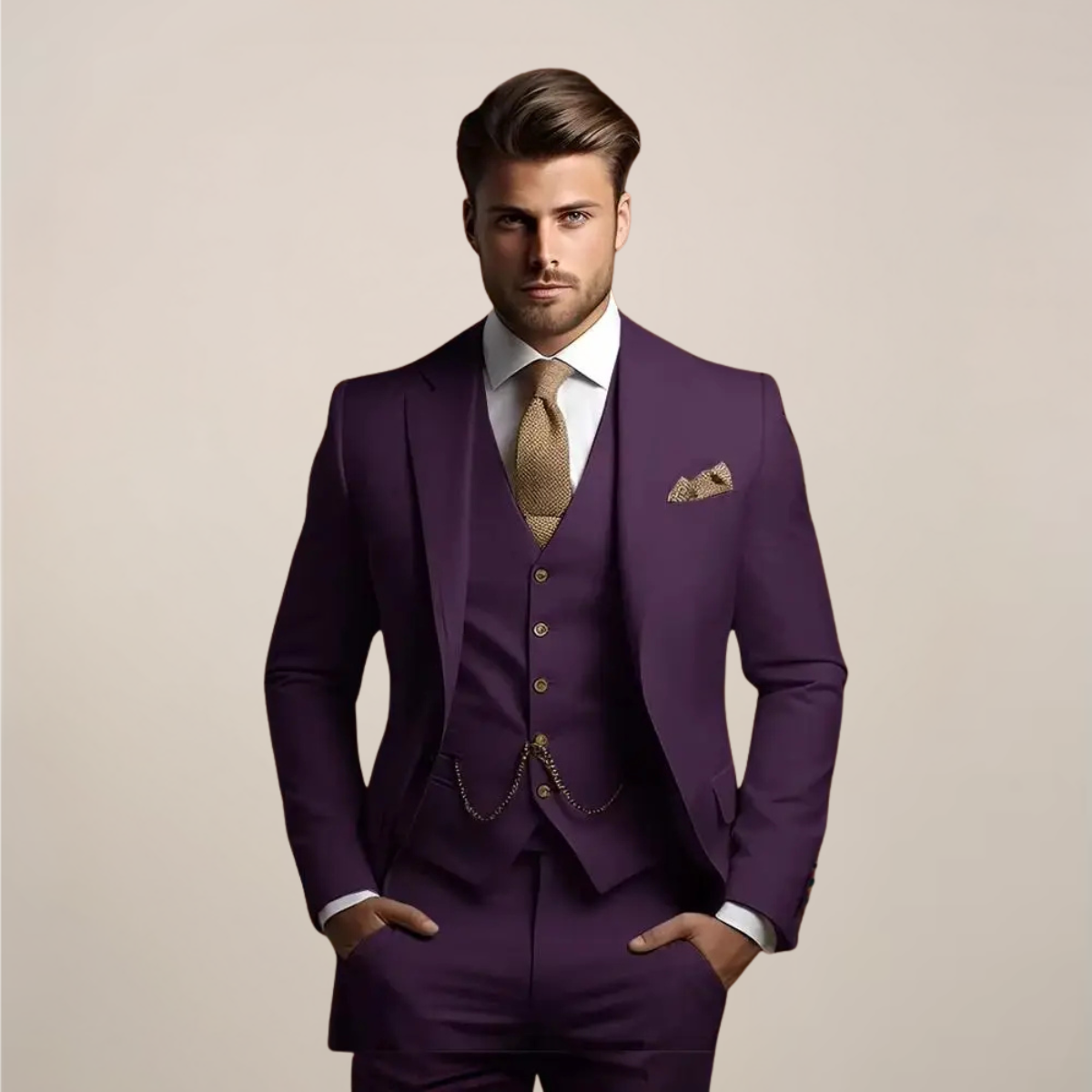 Men's three piece suit with notch lapel jacket, buttoned waistcoat and matching trousers
