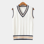Men's sleeveless cable knit V-neck sweater vest with striped trim