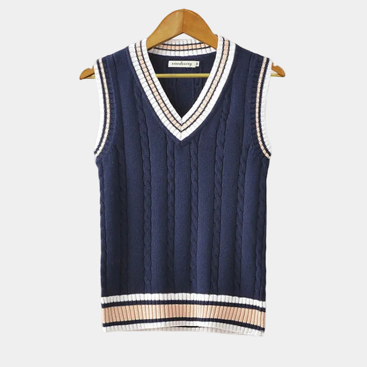 Men's sleeveless cable knit V-neck sweater vest with striped trim