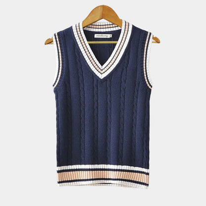 Men's sleeveless cable knit V-neck sweater vest with striped trim