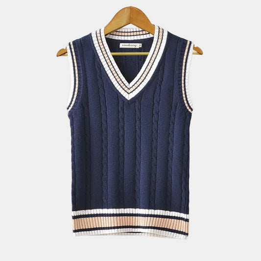 Men's sleeveless cable knit V-neck sweater vest with striped trim