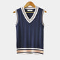 Men's sleeveless cable knit V-neck sweater vest with striped trim
