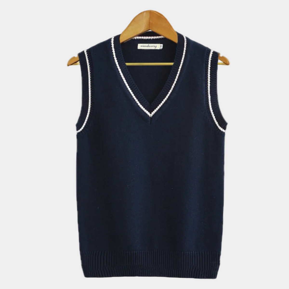 Men's sleeveless cable knit V-neck sweater vest with striped trim