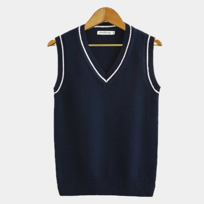 Men's sleeveless cable knit V-neck sweater vest with striped trim