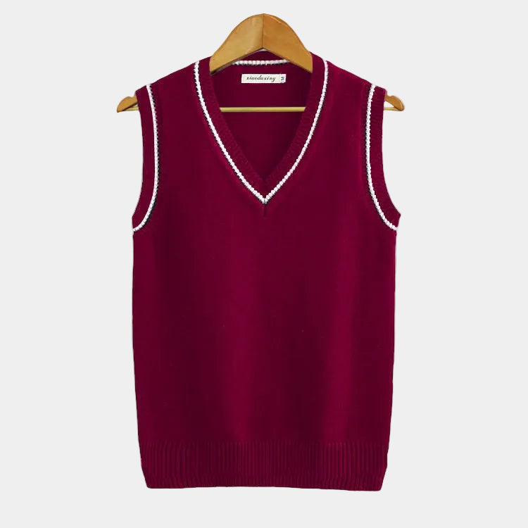 Men's sleeveless cable knit V-neck sweater vest with striped trim