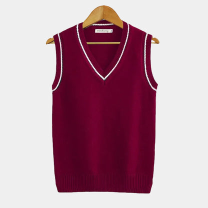 Men's sleeveless cable knit V-neck sweater vest with striped trim
