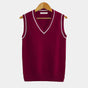 Men's sleeveless cable knit V-neck sweater vest with striped trim