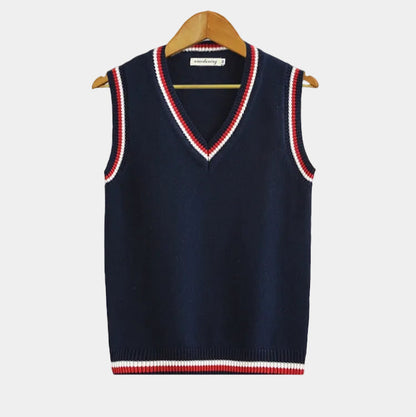 Men's sleeveless cable knit V-neck sweater vest with striped trim