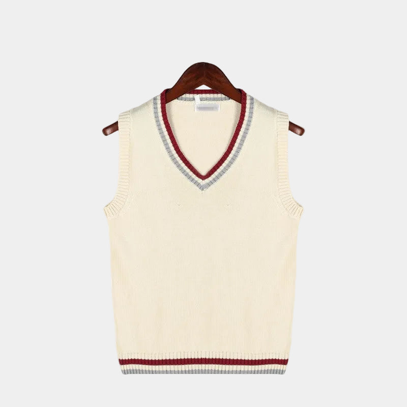 Men's sleeveless cable knit V-neck sweater vest with striped trim