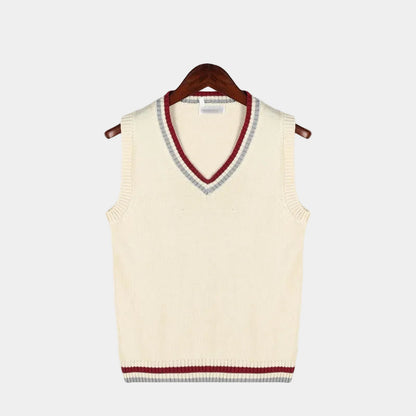 Men's sleeveless cable knit V-neck sweater vest with striped trim