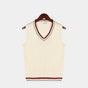 Men's sleeveless cable knit V-neck sweater vest with striped trim