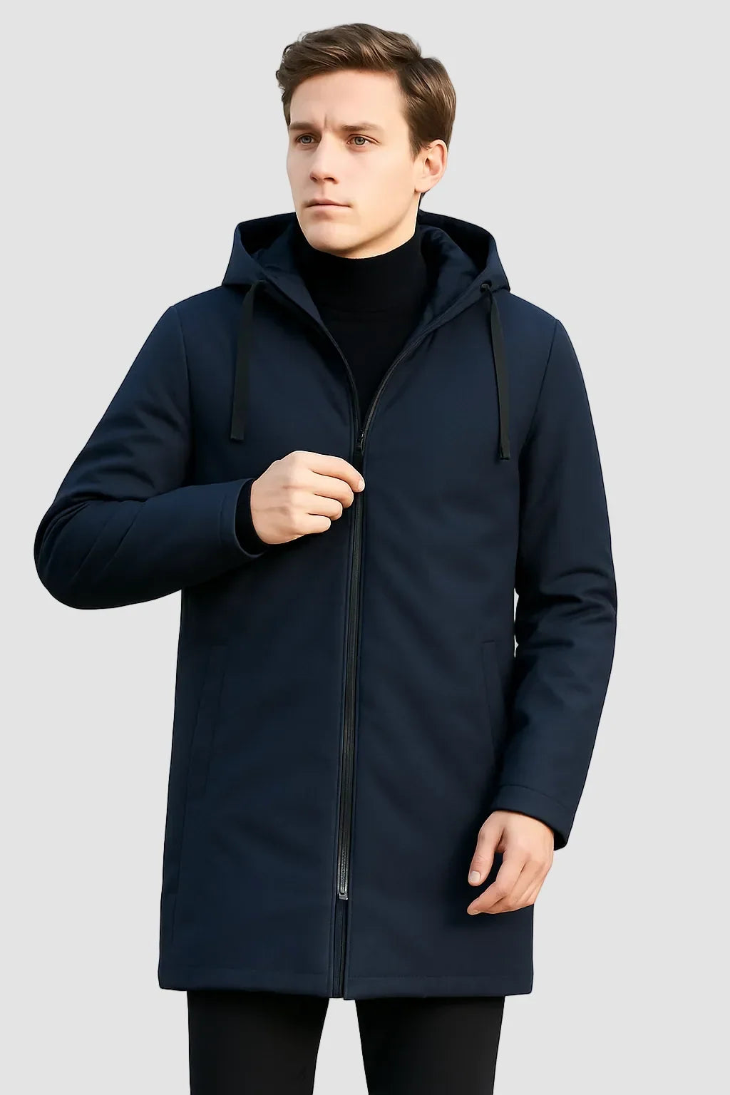 Men's longline hooded rain jacket with zip front and quilted lining