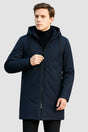 Men's longline hooded rain jacket with zip front and quilted lining