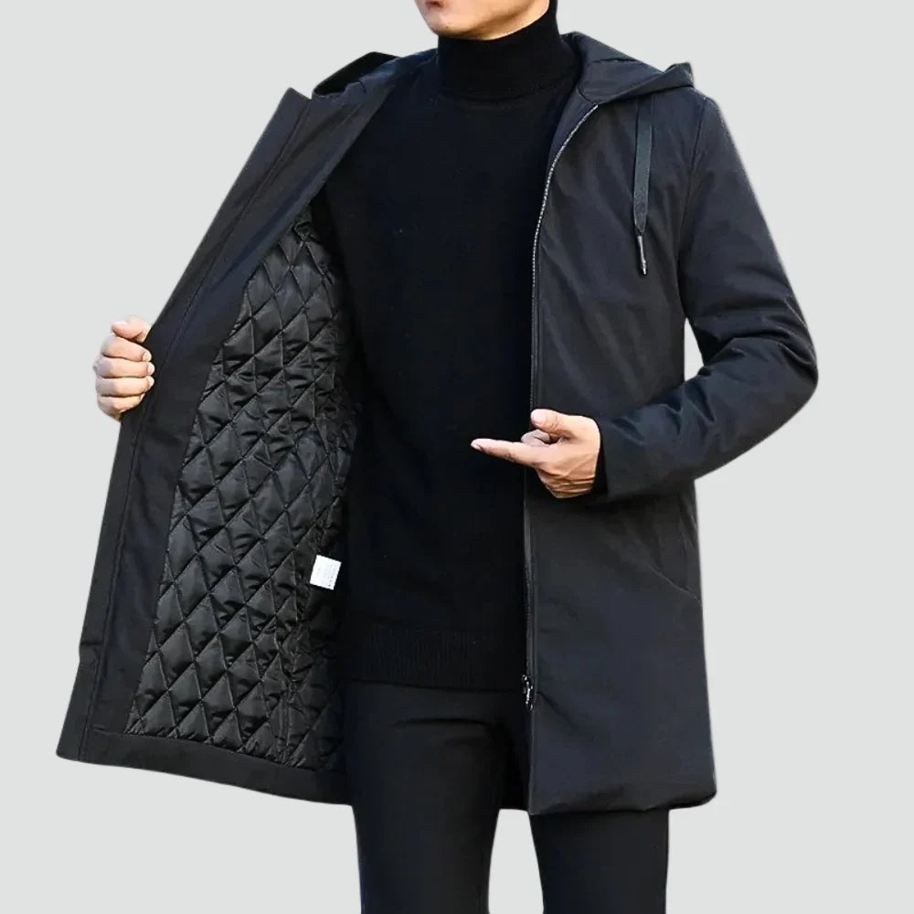 Men's longline hooded rain jacket with zip front and quilted lining