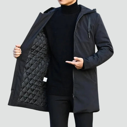 Men's longline hooded rain jacket with zip front and quilted lining