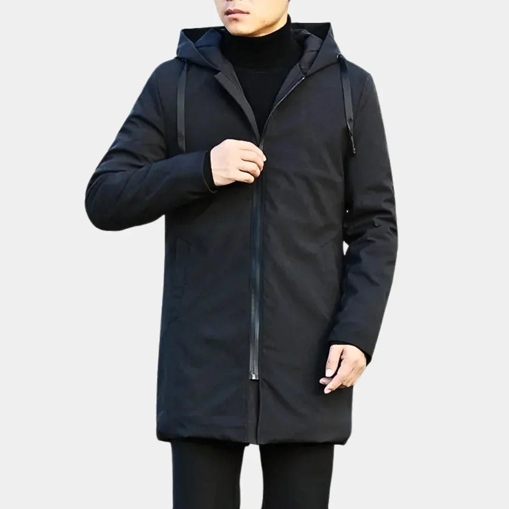Men's longline hooded rain jacket with zip front and quilted lining