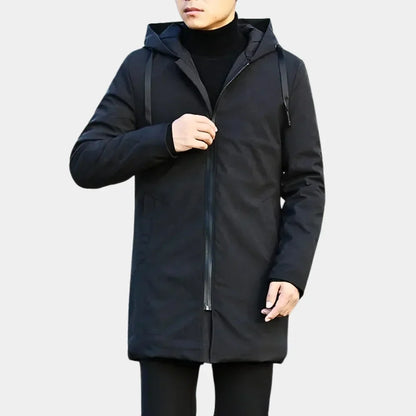 Men's longline hooded rain jacket with zip front and quilted lining