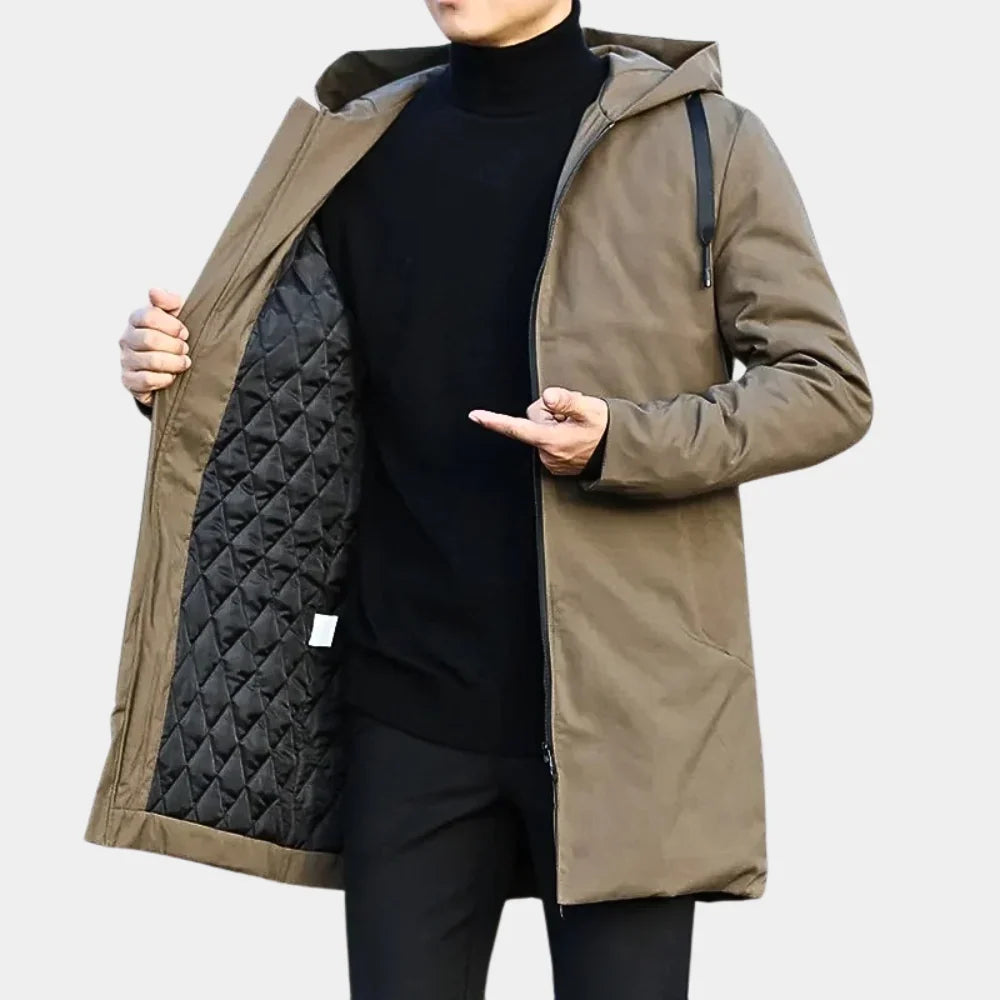 Men's longline hooded rain jacket with zip front and quilted lining