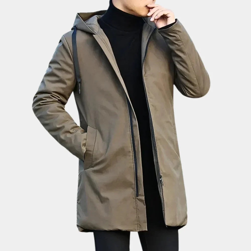 Men's longline hooded rain jacket with zip front and quilted lining