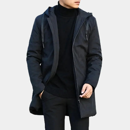 Men's longline hooded rain jacket with zip front and quilted lining
