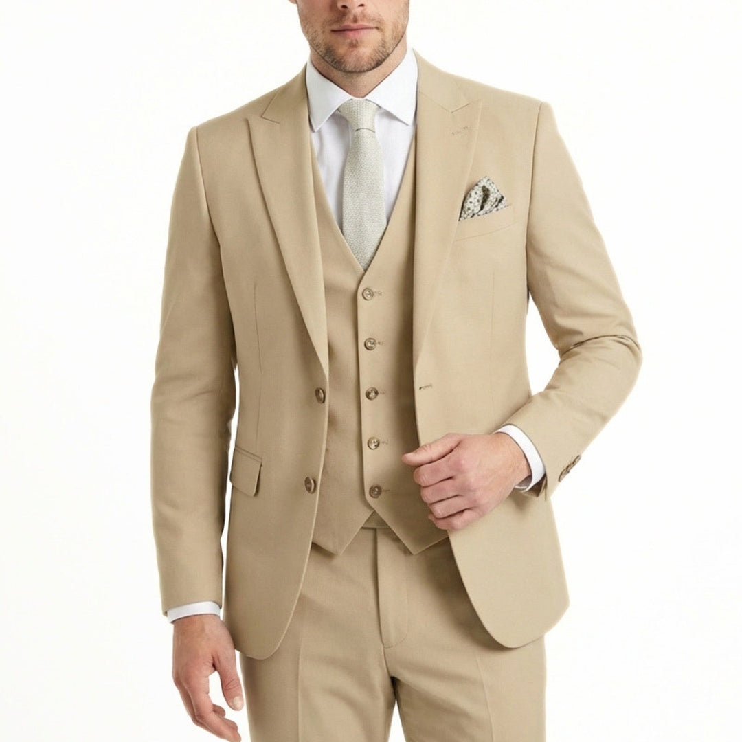 Men's three-piece suit with notch lapel jacket and waistcoat