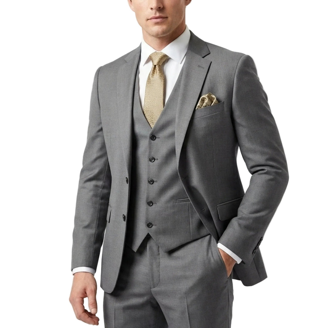 Men's three-piece suit with notch lapel jacket and waistcoat