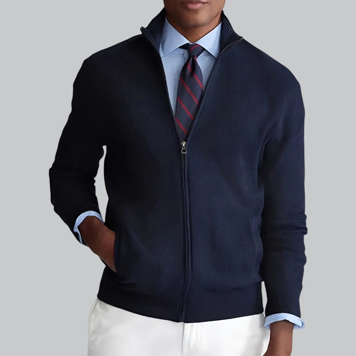 Men's zip-up cardigan with mock neck and long sleeves