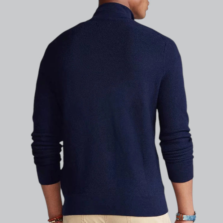 Men's zip-up cardigan with mock neck and long sleeves