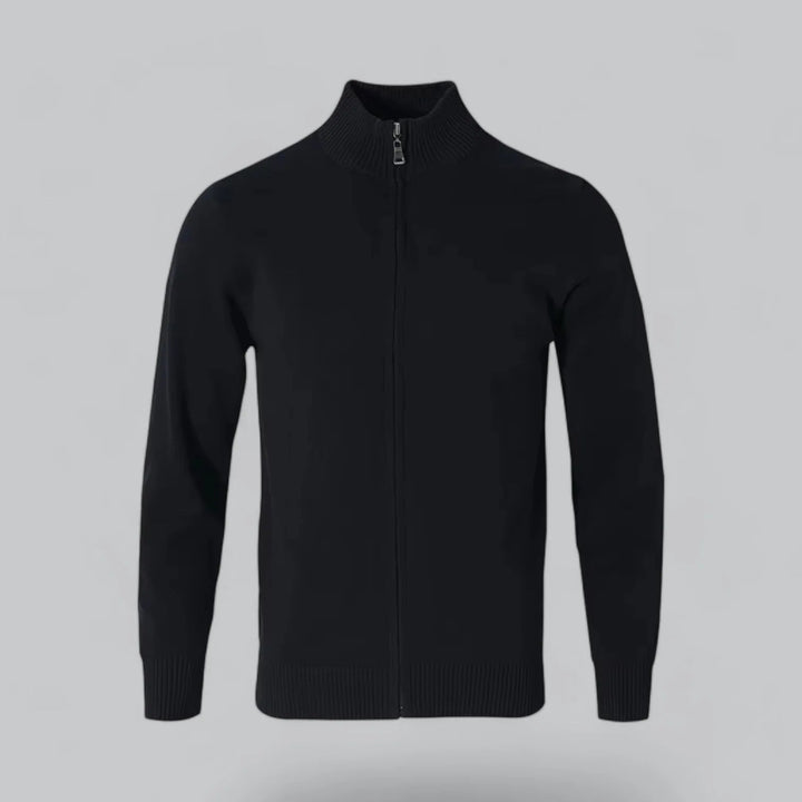 Men's zip-up cardigan with mock neck and long sleeves