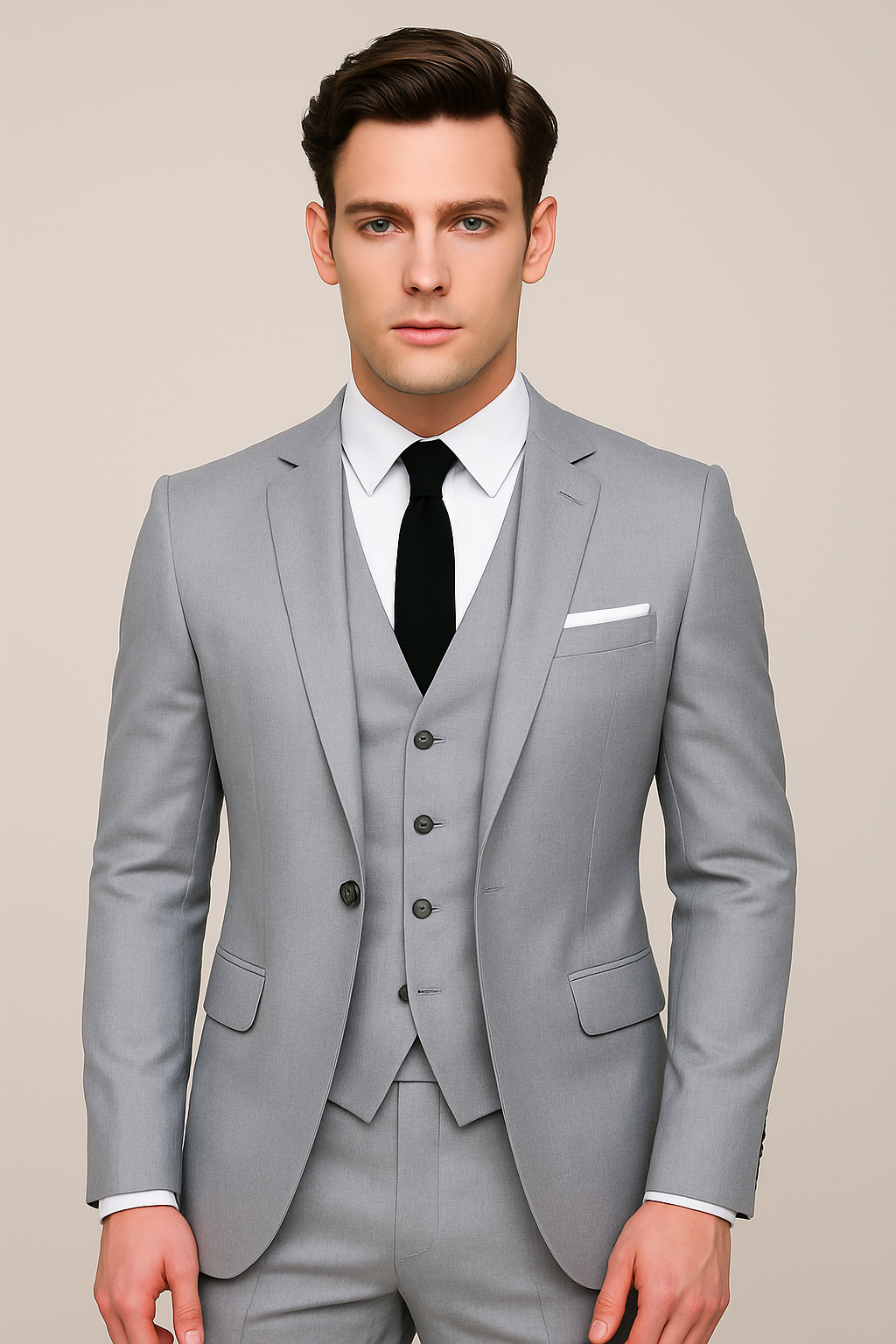 Men's three-piece suit with notched lapel jacket and waistcoat