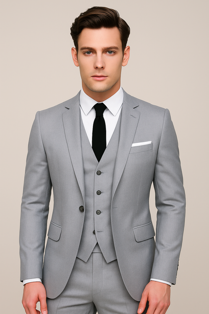 Men's three-piece suit with notched lapel jacket and waistcoat