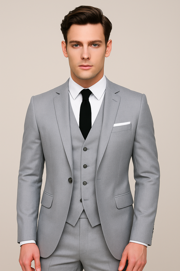 Men's three-piece suit with notched lapel jacket and waistcoat