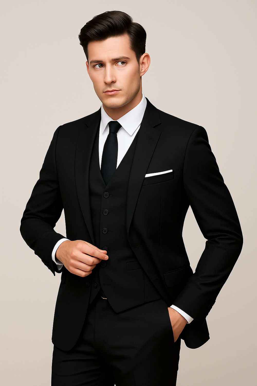 Men's three-piece suit with notched lapel jacket and waistcoat