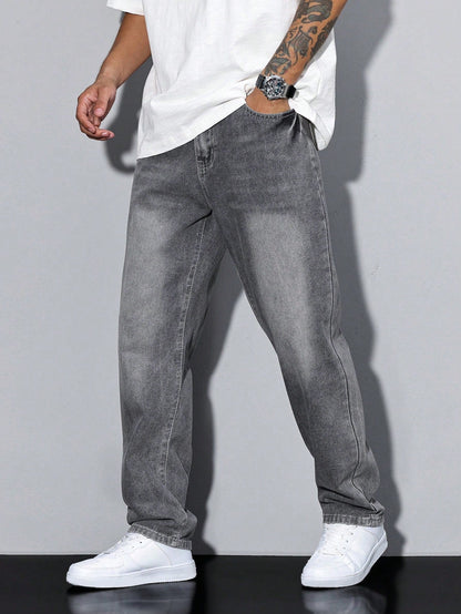 Men's straight leg jeans with a mid-rise waist and full-length legs