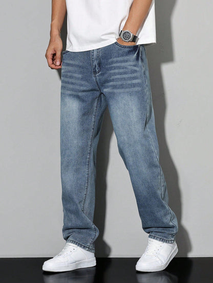 Men's straight leg jeans with a mid-rise waist and full-length legs