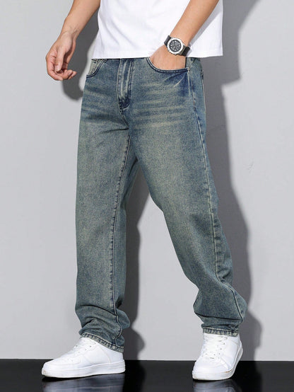 Men's straight leg jeans with a mid-rise waist and full-length legs