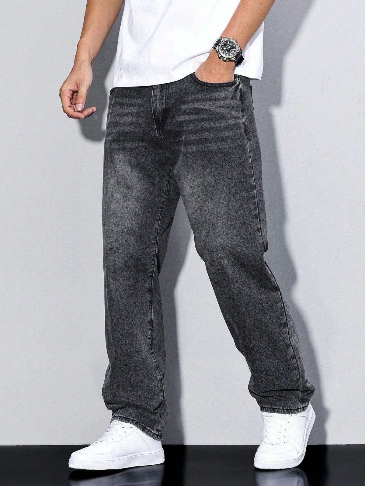 Men's straight leg jeans with a mid-rise waist and full-length legs