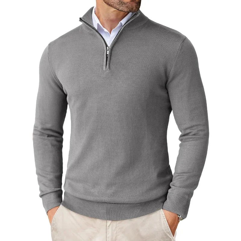 Men's half-zip sweater with high collar and long sleeves