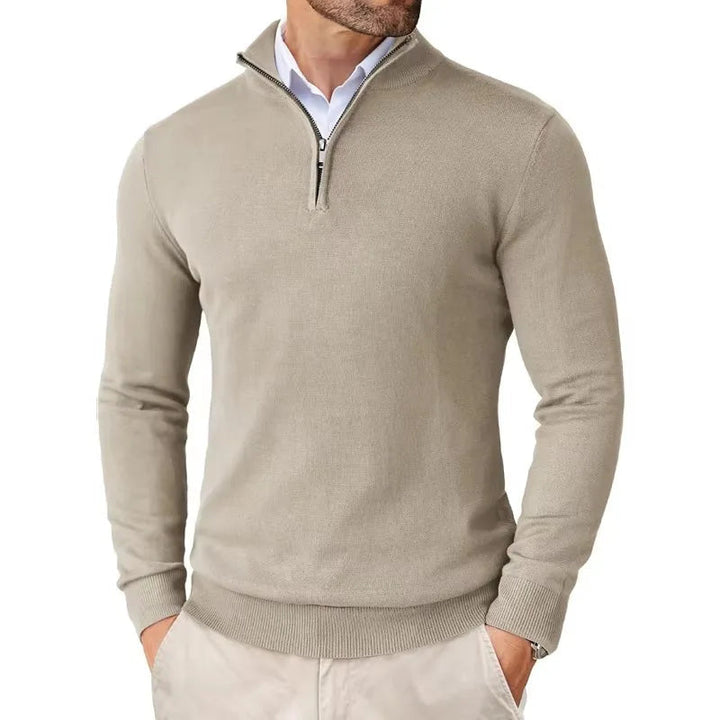 Men's half-zip sweater with high collar and long sleeves