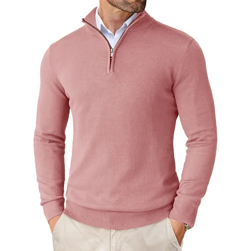 Men's half-zip sweater with high collar and long sleeves