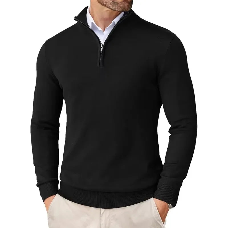 Men's half-zip sweater with high collar and long sleeves