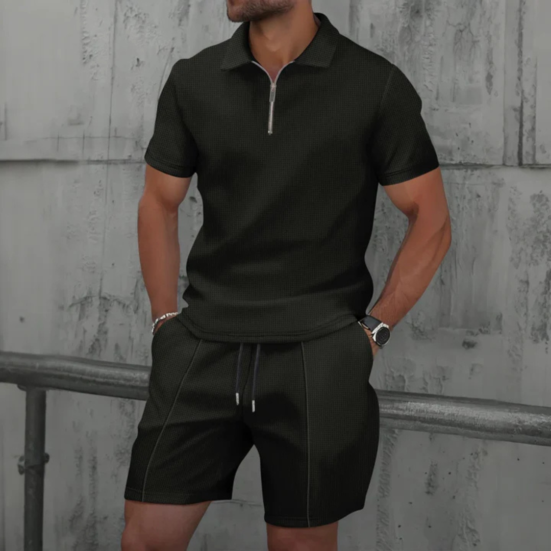Men's Waffle Knit Polo and Shorts Set, Quarter Zip, Drawstring