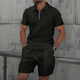 Men's Waffle Knit Polo and Shorts Set, Quarter Zip, Drawstring