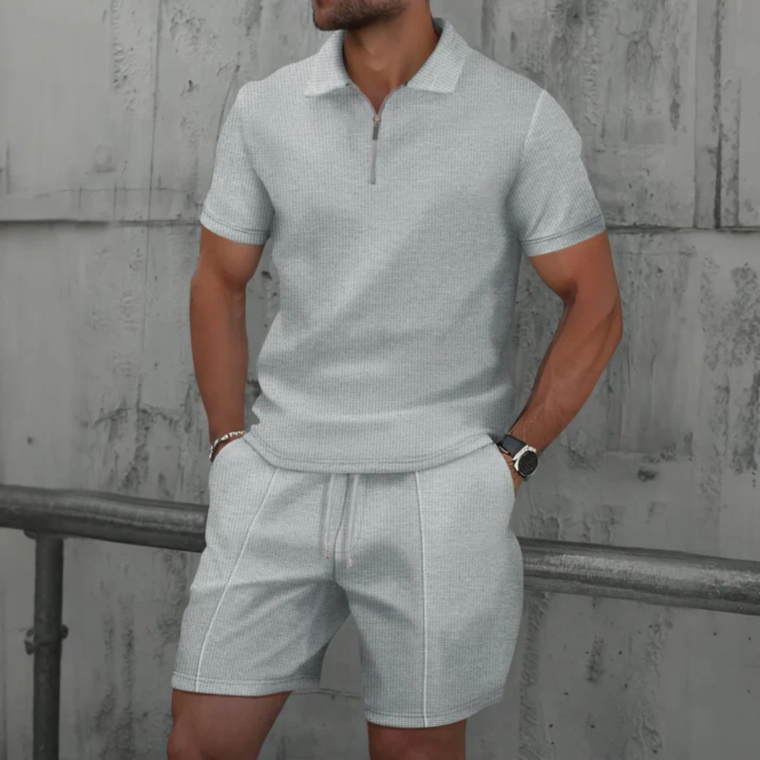 Men's Waffle Knit Polo and Shorts Set, Quarter Zip, Drawstring