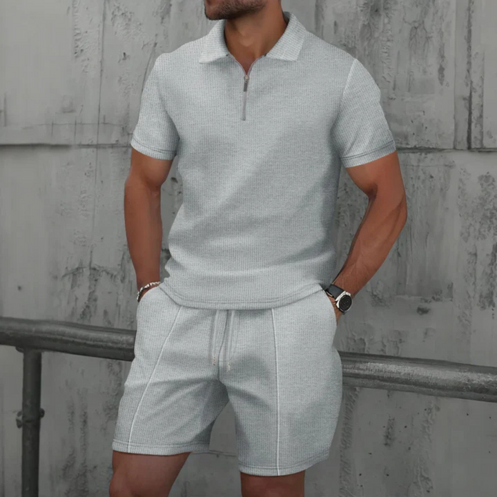 Men's Waffle Knit Polo and Shorts Set, Quarter Zip, Drawstring
