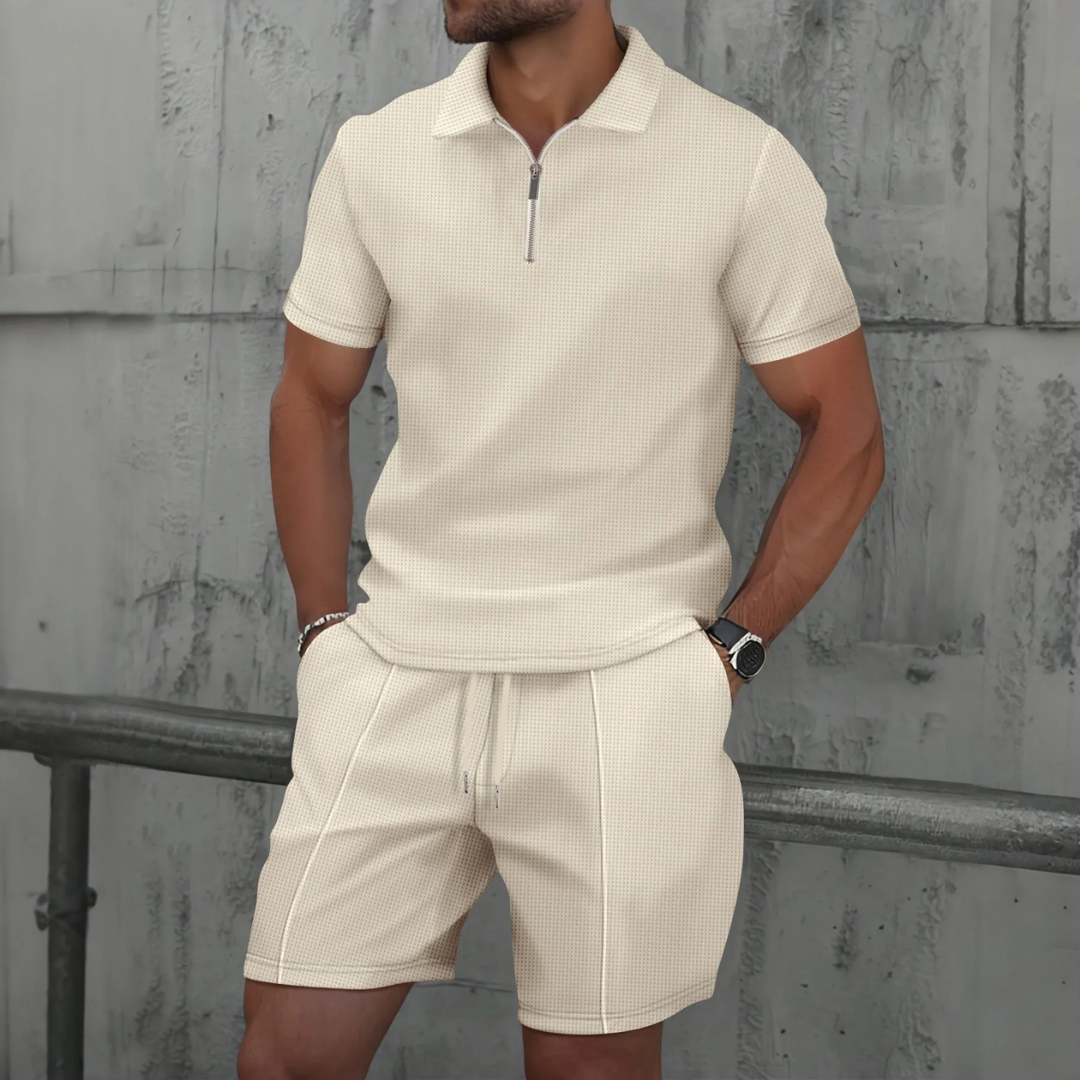 Men's Waffle Knit Polo and Shorts Set, Quarter Zip, Drawstring