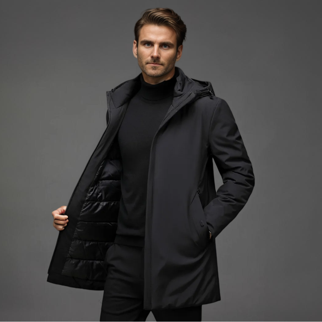 Men's hooded mid-thigh jacket with long sleeves and zip front