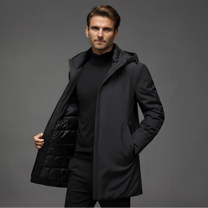 Men's hooded mid-thigh jacket with long sleeves and zip front